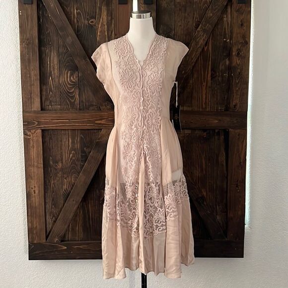 NWT Johnny Was Silk Lace Dress Biya Romantic Flapper Victorian Goth Blush Pink S - Picture 1 of 12